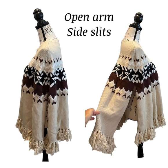 MODA INTERNATIONAL VS Sweater Shawl Brown XS Small Nordic Fair Isle Wool Fringe - Picture 4 of 13